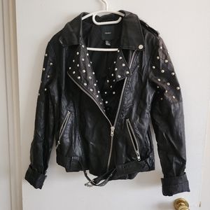 Forever21 Vegan Leather Studded Spike Stud Motorcycle Moto Jacket Pockets Zipper